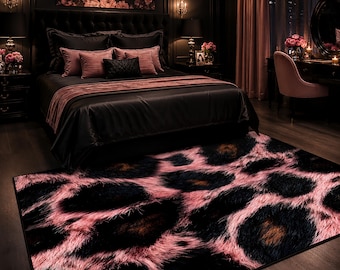 Alfombra con estampado de leopardo rosa: Elegancia salvaje, base de algodón antideslizante.