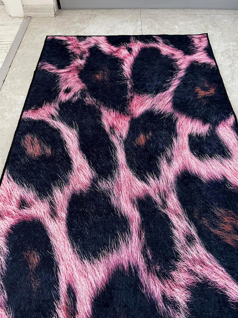 Pink Leopard Print Rug: Wild Elegance, Non-slip Cotton Base - Etsy