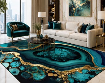 Alfombra de mármol azul verdoso dorado: patrón de cristal de geoda de ágata