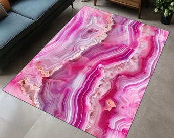 Pink Agate Stone Rug: Luxury Marble Look, Non-Slip Cotton Base