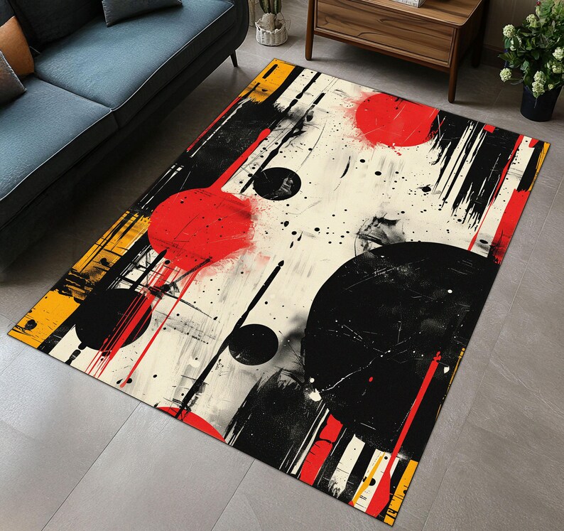 Abstract Brushstroke Rug: Contemporary Black & Red Splatter Art - Etsy