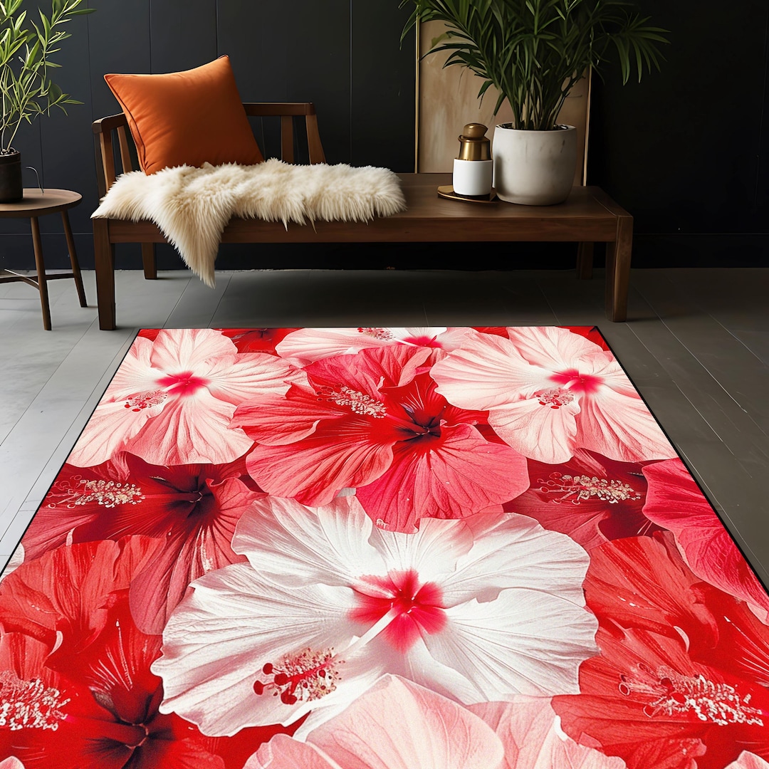 Hibiscus Rug Hibiscus Flower Area Rug: Tropical Romance, Non-slip Cotton Base - Etsy
