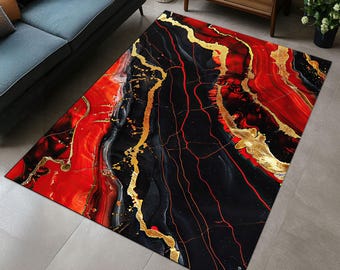 Alfombra de mármol rojo y negro con detalles dorados, alfombra moderna, diseño abstracto de lujo, para sala de estar