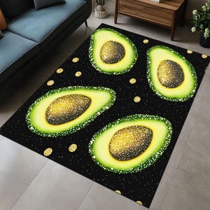 Glitter Avocado Pattern Black Rug, Modern Kitchen Decor, Sparkly Avocado Rug on Black, Avocado Rug for Modern Kitchens, Popular Avocado Rug