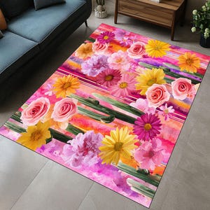 Luxury Floral Color Storm Rug, Dancing Colors Floral Print Rug, Positive Energy Floral Rug, Boho Flower Garden Rug, Pink Watercolor Carpet