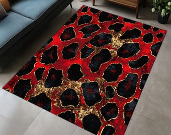 Red Leopard Print Rug: Exotic Gold Accent Safari Carpet