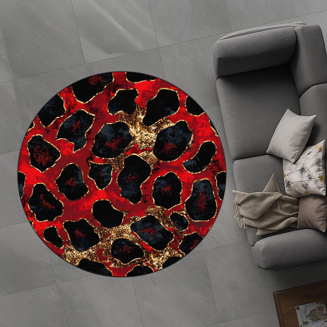 Red Black Gold Leopard Print Round Rug, Modern Boho Glam Carpet ...