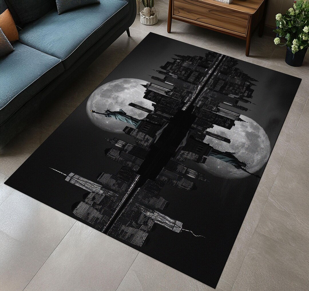 Urban Moon Inspired Rug Design, City Reflected in the Night Rug, Statue ...