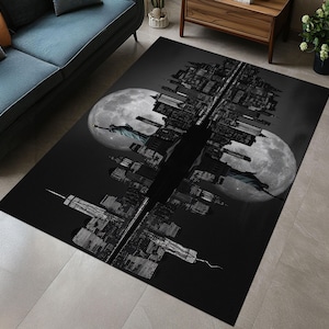 Urban Moon Inspired Rug Design, City Reflected in the Night Rug, Statue of Liberty Cityscape Rug, Lonely as the Moon, Strong as the City Rug