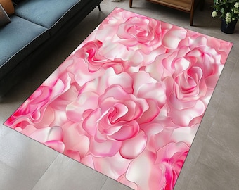 Pink Rose Petal Area Rug, Romantic Floral Carpet, Pastel Girl Room Rug, Bedroom Living