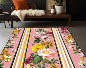 Pink Floral Striped Area Rug: Modern Boho Decor