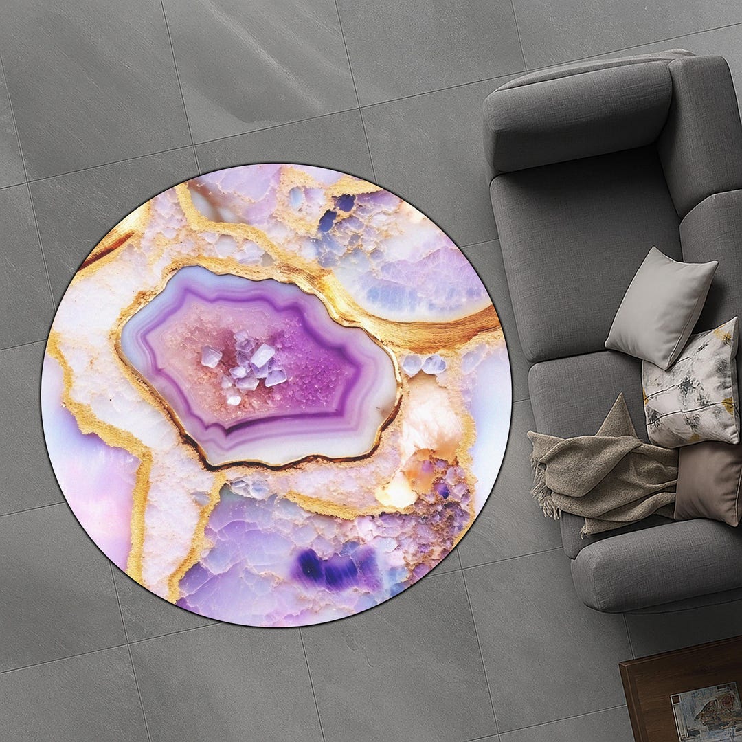 Geode Rug Design Amethyst Diamond Geode Round Rug, Lavender Gold Marble Print, Bedroom ...