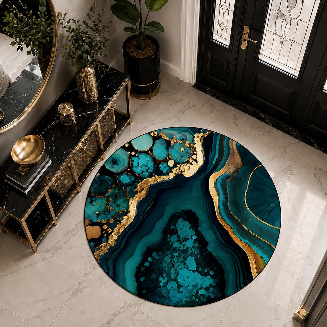 Gold Geode Rug Teal Turquoise Geode Round Rug, Luxury Gold Vein Marble Print, Washable ...