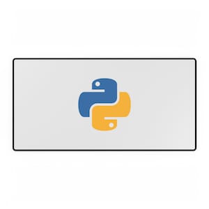 May include: Rectangular white desk mat with a black border. The mat features the Python programming language logo in blue and yellow, centered on the surface. The logo is a stylized snake.