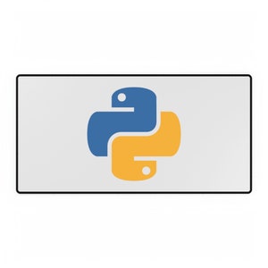 May include: A rectangular mousepad with a black border and a white surface. The center features the Python programming language logo, a blue and yellow intertwined snake symbol.