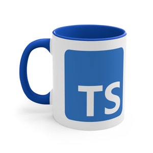 May include: A white ceramic mug with a blue rim and handle. The mug features a blue square with the letters "TS" in white on the front.