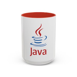 May include: White ceramic mug with a red rim. The mug features the Java logo, which is a stylized image of a cup of coffee with steam rising from it. The text "Java" is printed below the logo.