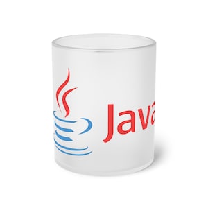 May include: White frosted glass mug with a red "Java" logo and a blue and red stylized coffee cup icon.