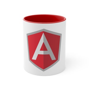May include: White ceramic mug with a red rim and a red and gray Angular logo on the front.