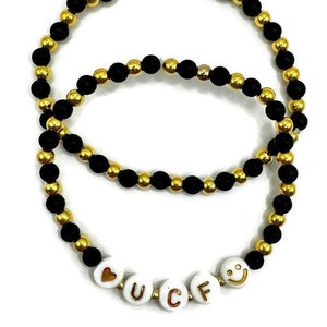 Knights 4mm Beaded Black and Tarnish Resistant Gold Elastic Bracelets - Set of Two