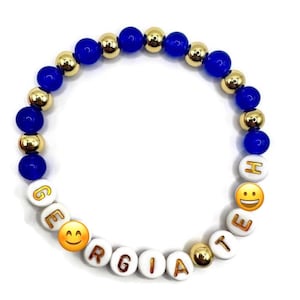 Game Day Ge0rgia Tech Fan Bracelet -  6mm Tarnish Resistant Gold and Glass Blue Beaded Elastic Beaded Bracelet