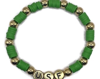 Green and Gold Elastic Silicone and 8 mm Tarnish Resistant Gold Beads Bracelet