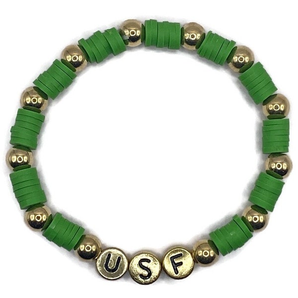 University of South Florida Rocky the Bull Green and Gold Elastic Silicone and 8 mm Gold Beads Bracelet