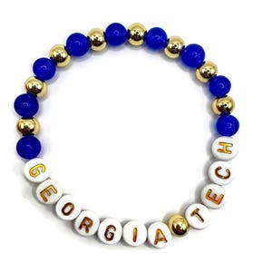Game Day Georgia Tech Fan Bracelet -  6mm Tarnish Resistant Gold and Glass Blue Beaded Elastic Beaded Bracelet