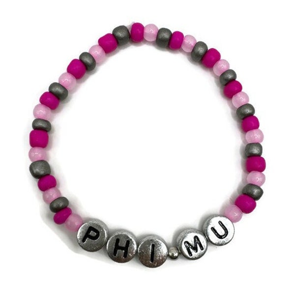 Phi Mu Sorority Pink and Grey 4mm Beaded Elastic Bracelet