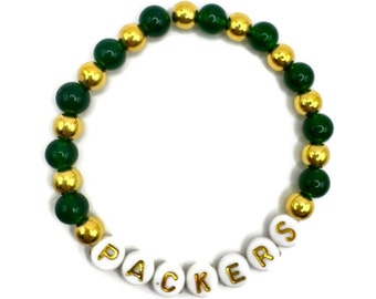 Football Game Day Green and Gold 6mm Beaded Elastic Bracelet