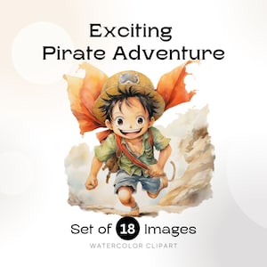 Watercolor Pirate Clipart | Cute Pirates Kids | Treasure Map | 18 PNG Images | Digital Download - Commercial Use