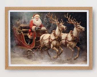 Santa oil painting print Santa and his reindeer Rustic Christmas decor Vintage Christmas printable digital download Santa sleigh print