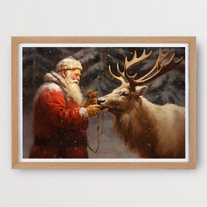 Vintage Christmas wall art Santa&#39;s Reindeer Companionship Printable Christmas Santa Claus Santa Clause Cottagecore decor Christmas oil paint