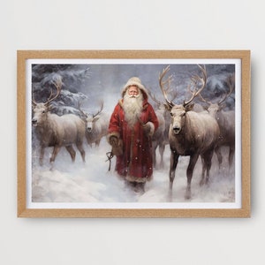 Santa Reindeer print Vintage Christmas wall art Santa&#39;s Reindeer Companionship Christmas oil painting Santa Claus printable Cottagecore