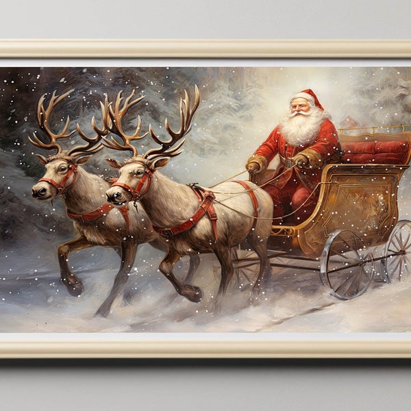 Santa oil painting print reindeer print Santa's sleigh Santa and reindeer printable Christmas print Vintage Christmas art Santa in sleigh