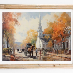 Vintage Fall Landscape painting American town art rustic fall oil painting Autumn decor moody wall art vintage Autumn painting Rustic art
