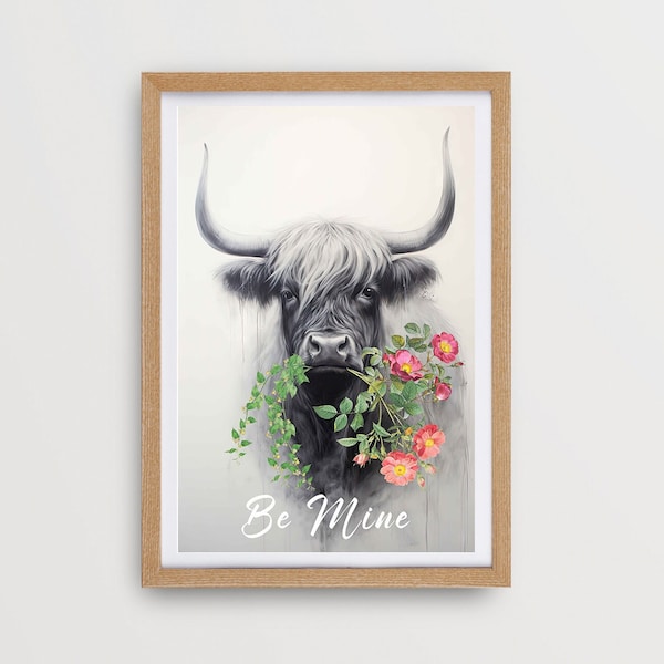 Valentines day print Highland cow farmhouse wall art rustic home decor Valentine printable highland cow art Highland cow holding flowers