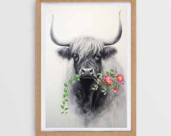 Highland Cow Decor Boerderij Decor Shaggy Cow Print Rustiek Home Decor Koe met bloemen print Moderne Boerderij Afdrukbare Koe Muurkunst