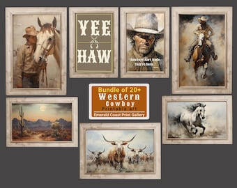 Cowboy Gallery Set of 20 Vintage Cowboy Oil painting Western Wall Art Cowboy Quote Print Horse Printable Wall Art Rustic Country Western Art