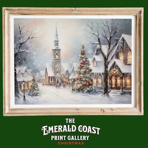 Christmas village snowy winter print vintage Christmas seasonal art Charming Christmas village Christmas tree Church steeple Winter time