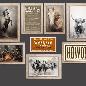 Western Cowboy Gallery Set of 20 Vintage Cowboy Oil painting Western Wall Art Cowboy Quote Print Horse Printable Wall Art Rustic Country