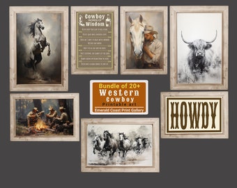 Western Cowboy Gallery Set of 20 Vintage Cowboy Oil painting Western Wall Art Cowboy Quote Print Horse Printable Wall Art Rustic Country