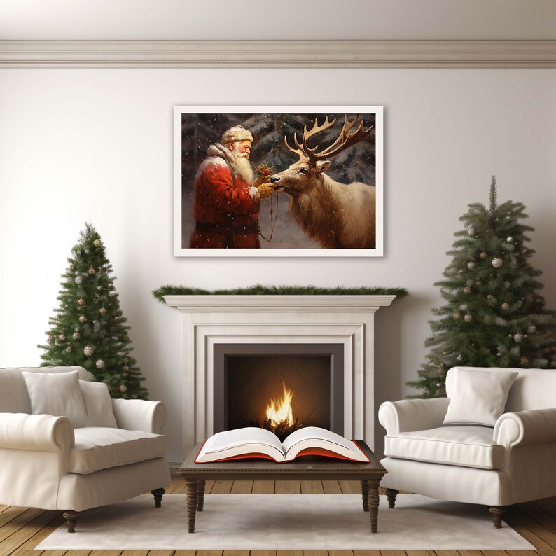 Vintage Christmas Wall Art Santa's Reindeer Companionship Printable