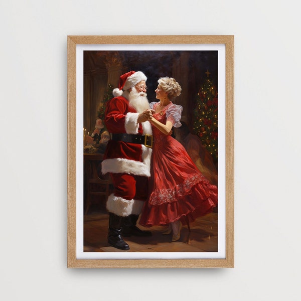 Santa and Mrs. Claus wall art Vintage Christmas oil painting print Santa digital download Santa and Ms. Clause dancing Cottagecore decor