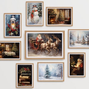 Christmas gallery set of 9 prints Winter gallery Snow printable art Christmas wall art Santa and sleigh prints Rustic Christmas decor Xmas