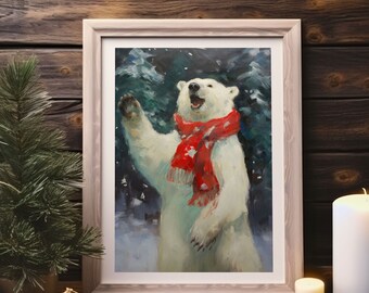Christmas wall art vintage Christmas polar bear Christmas oil painting printable polar bear Winter print Christmas digital download