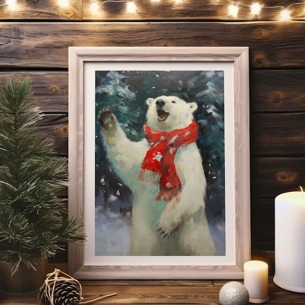 Christmas wall art vintage Christmas polar bear Christmas oil painting printable polar bear Winter print Christmas digital download