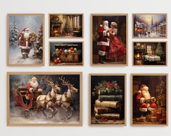 Galeria de natal conjunto de parede de 9 arte de parede de natal vintage impressão rústica pintura a óleo de natal pacote vintage impressões de natal inverno