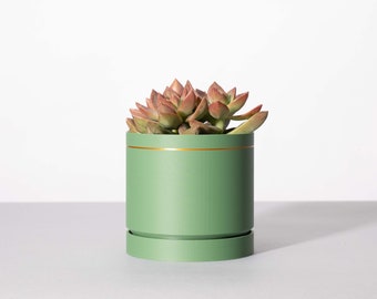 The Grove Planter Pot in Sage w/ Gold Trim Accent - Custom 3D Printed Pot & Drip Tray