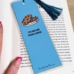 Blue Motivational Tough Cookie Bookmark. Handmade laminated sparkly bookmark with option to add a tassel. Lovely small gift, birthday image 1